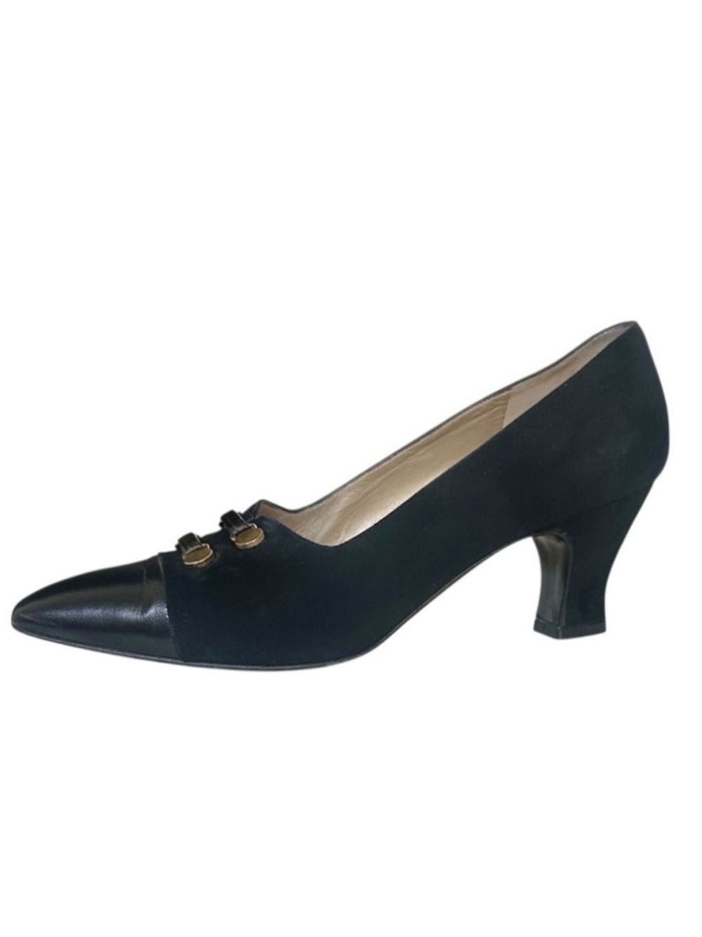 St. John Black Suede Leather Cap Toe Heels with Goldtone Hardware Size 7.5 - Picture 3 of 10